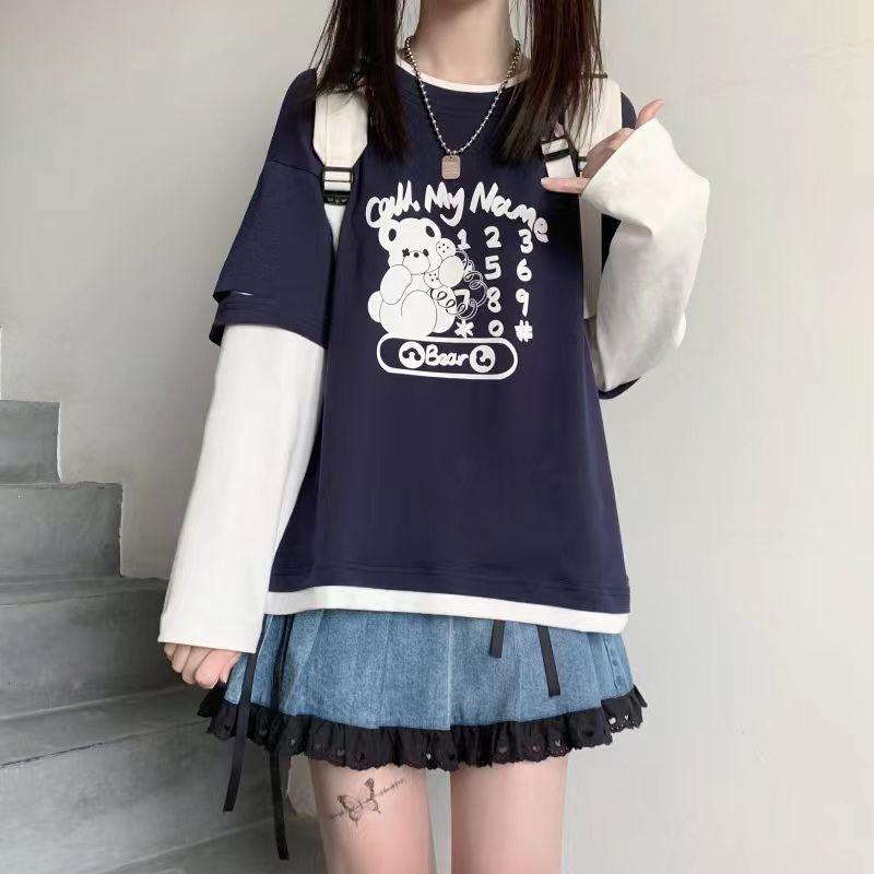 Autumn Teen Girls Harajuku Cartoon Bear Print Fake 2 Pieces T-shirt Patchwork Long Sleeve Y2K T-Shirt Women Sweet Clothes