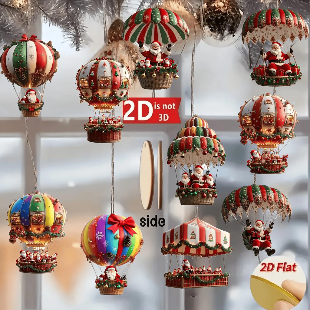 12Pcs Christmas Wooden Hot Air Balloon Santa Claus 2D Flat Wooden Pendant Christmas Tree Decoration Perfect Holiday Gift Decor