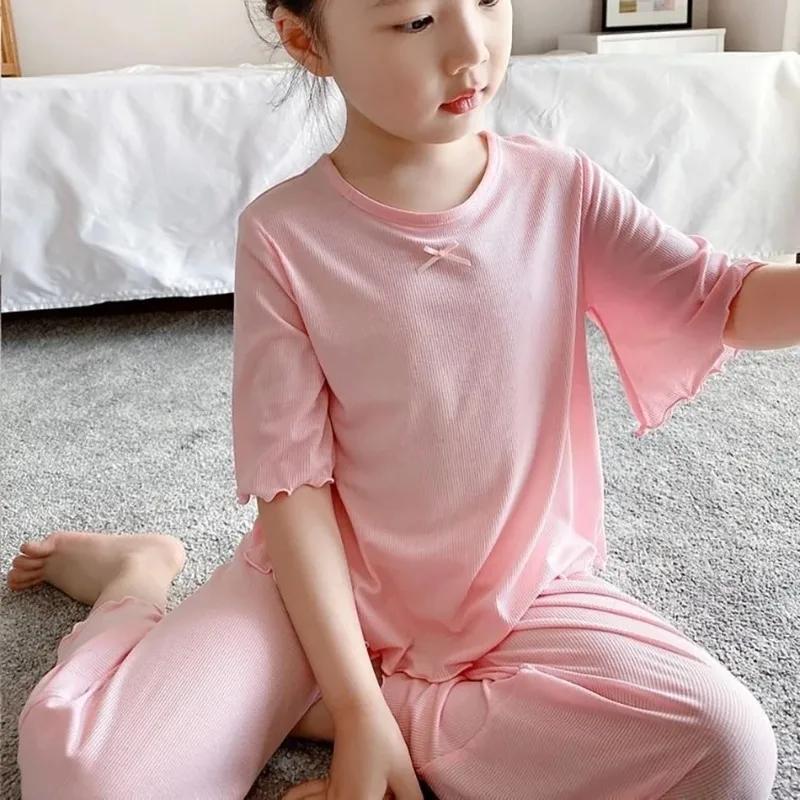 Girls Ice Silk Set Thin Children Homewear Clothes Summer Kids Short Sleeve Children Sets Girl Pajamas Outfit