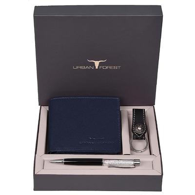 URBAN FOREST James Leder-Geldbörsen-Kombination für Herren – klassisches blaues Herren-Geschenkset aus Leder-Geldbörse, Schlüsselanhänger und Stift-Kombination für Herren
