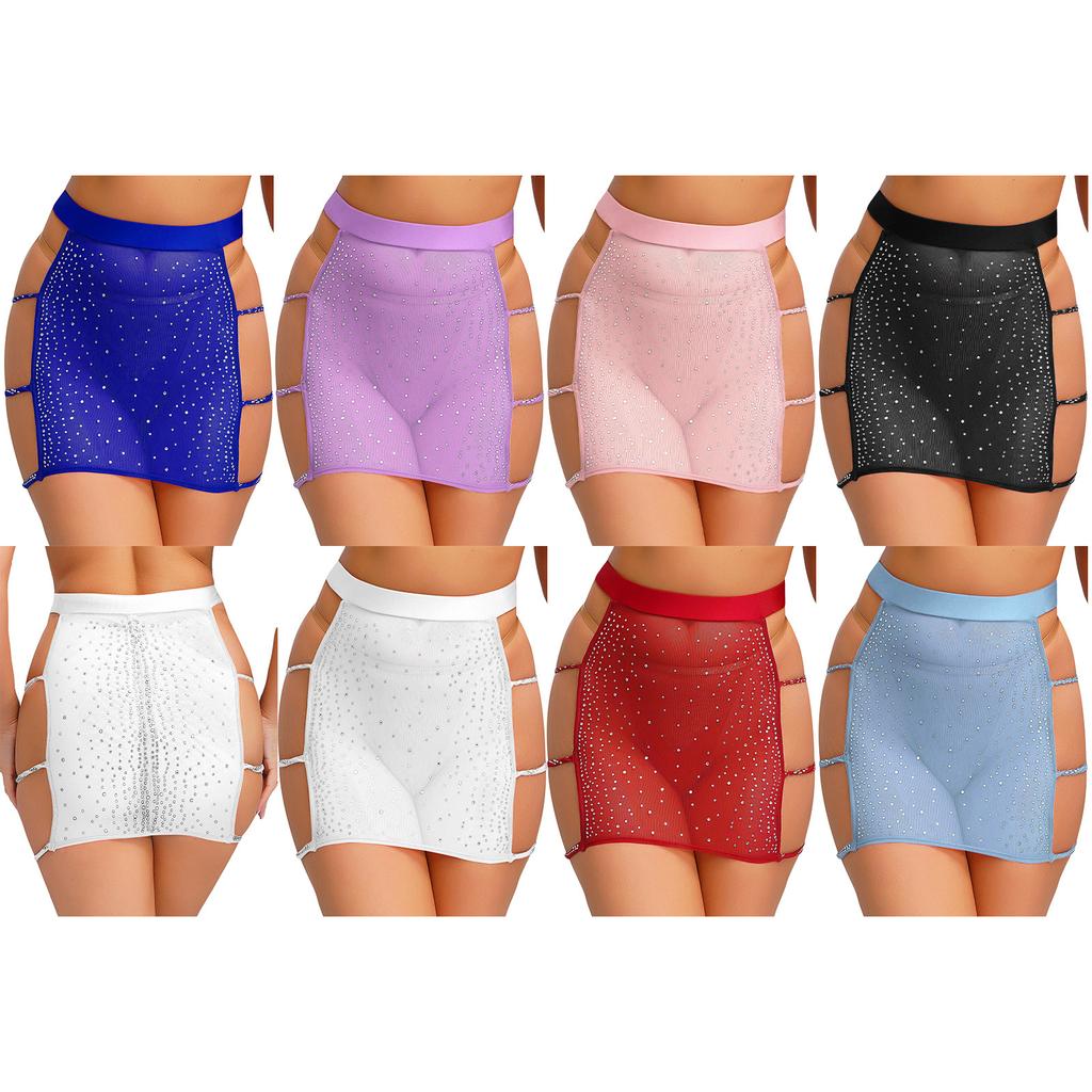 Womens Sparkly Rhinestone Mesh Miniskirt Elastic Waist Side Cutouts Bodycon Design See Through Club Skirt
