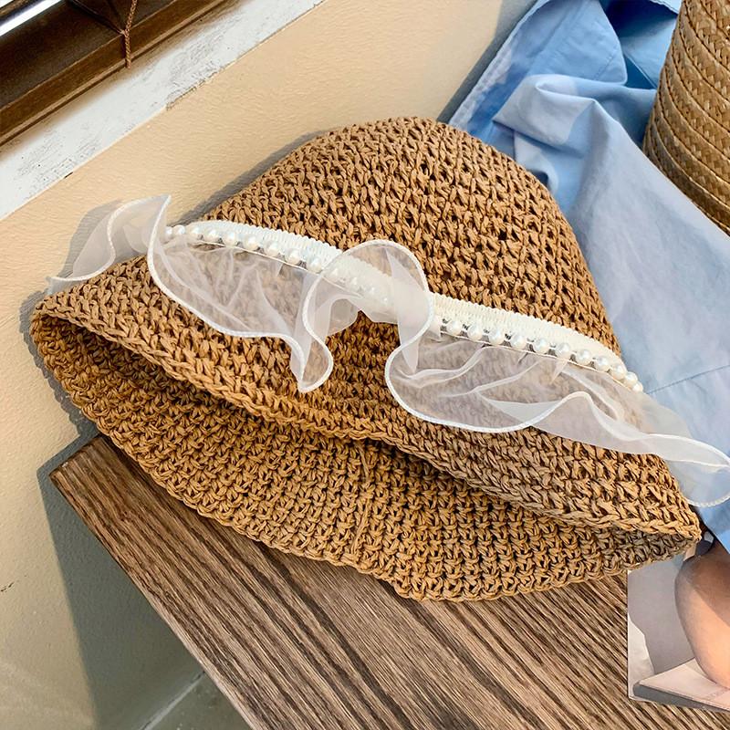 Fashionable Summer Pearl Embellished Organza Hollow Wide Brim Hat For Women And Men