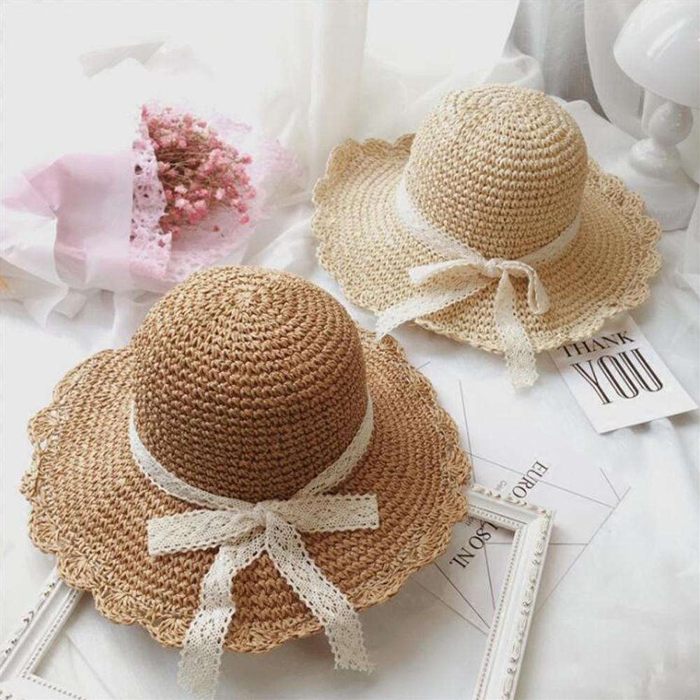 Women Summer Straw Hat Hand Crocheted Bowknot Folding Beach Hat