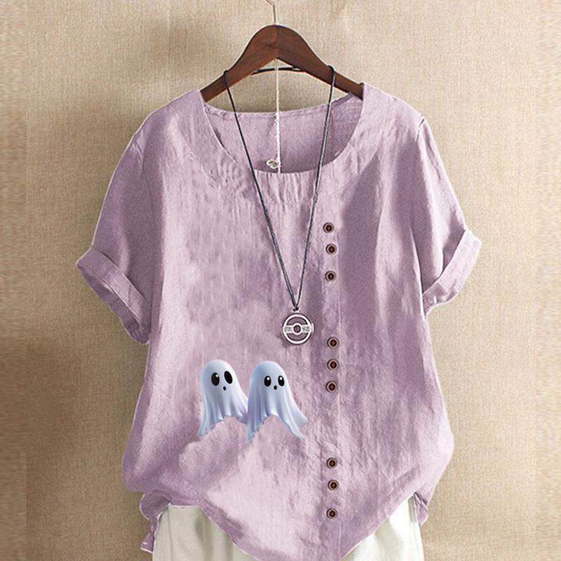 Women's Fashion Ghost Prined Short Sleeve T-shirt Loose Cotton Shirt Casual Loose Summer Blouse Tops