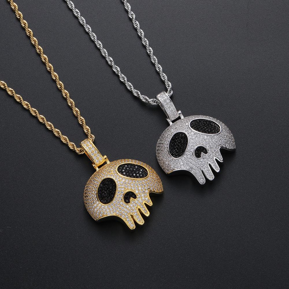 

Zircon Inlaid Copper Skull Pendant Necklace - Hip Hop Style Christmas Gift Silver Pendant + 3mm 24-inch Rope Chain