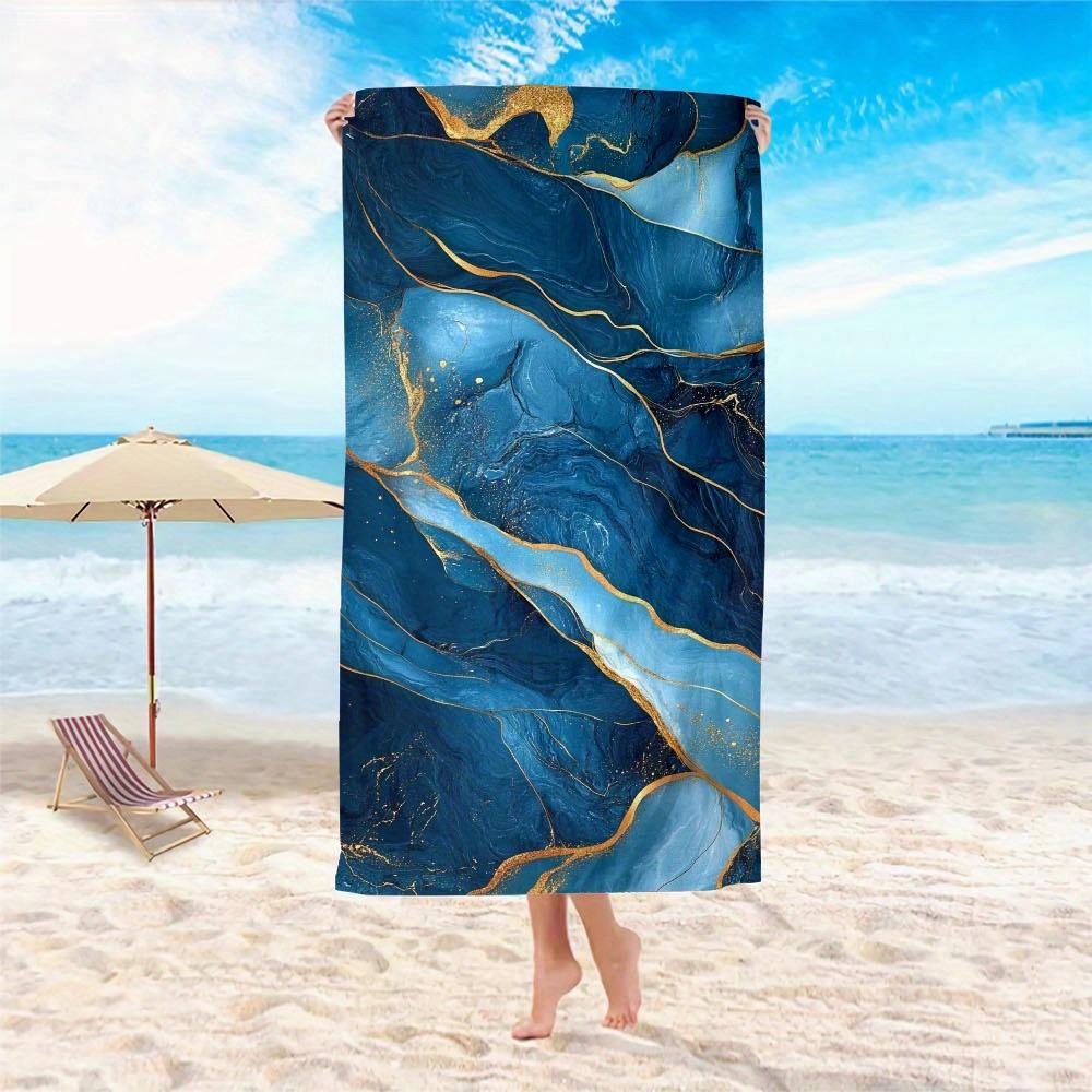 1pc Microfiber Large Beach Towel - Quick-Dry, Lightweight, Absorbent, Oversized, Marble Design with Golden Accents, Perfect for