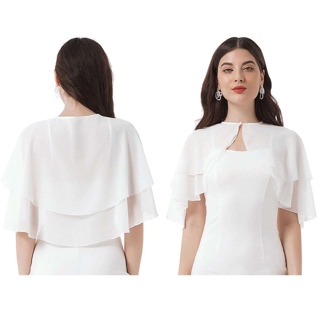 Women Elegant Pure Color Chiffon Shawl Cape Ruffle 2-Layer Chiffon Wraps Bolero Dress Accessory for Party Wedding
