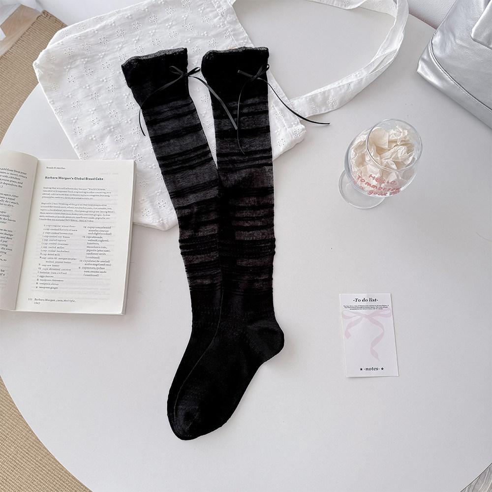 Ballet-style Calf Socks - Children s Summer and Spring Pile Socks, Thin and Breathable with Bow Ties, Mid-calf Length Socks 1 pair чёрный