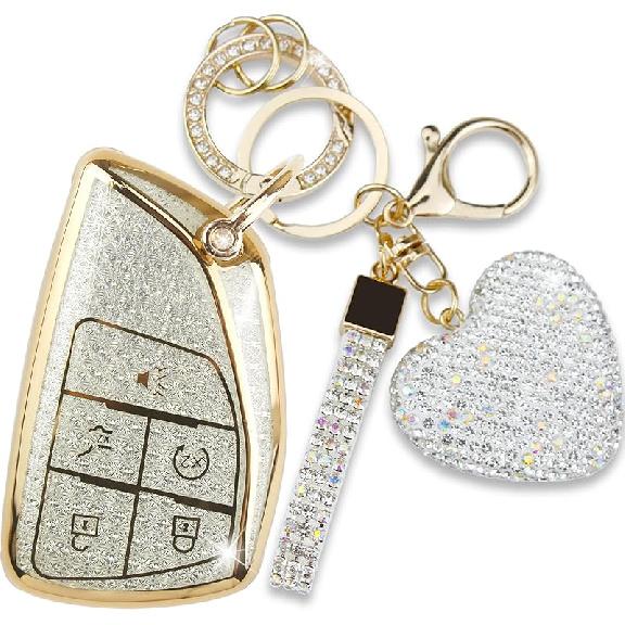 Key Fob Cover With Diamond Heart Keychain Car Key Shell Compatible With -2024 Chevy Tahoe Suburban GMC Yukon Denali Silverado Buick Full Protector