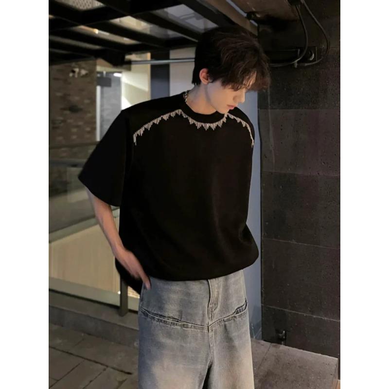 Men Summer Black Crew Neck Short Sleeve Contrast Stitch Casual T Shirt