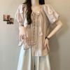2025 Summer Slimming Plus Size Women's Top with 3D Floral Embroidery and Short Sleeves