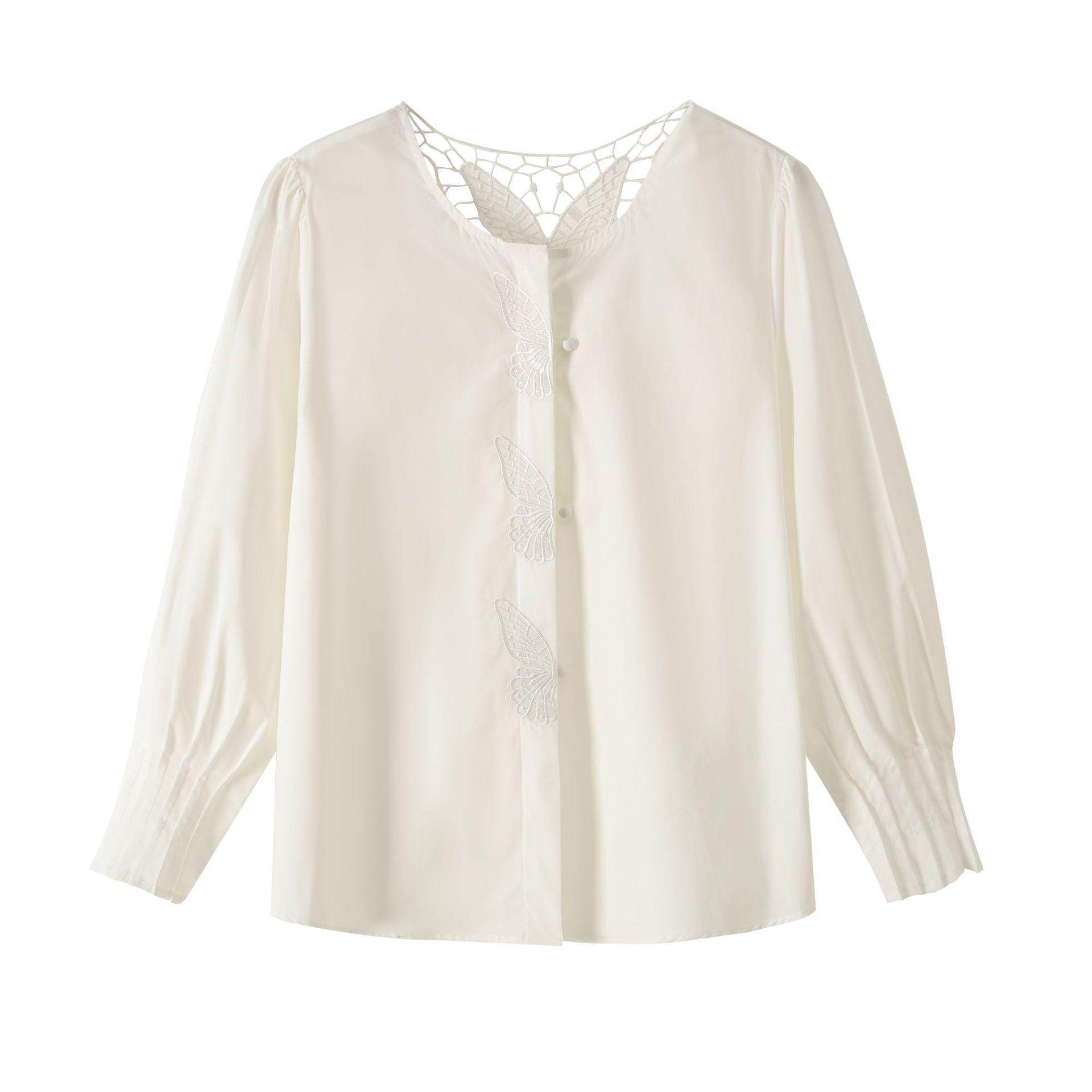 2026 Spring Plus Size Women s Butterfly Cutout Pleated Cuff Top 3XL (188-209 lbs) грязно-белый