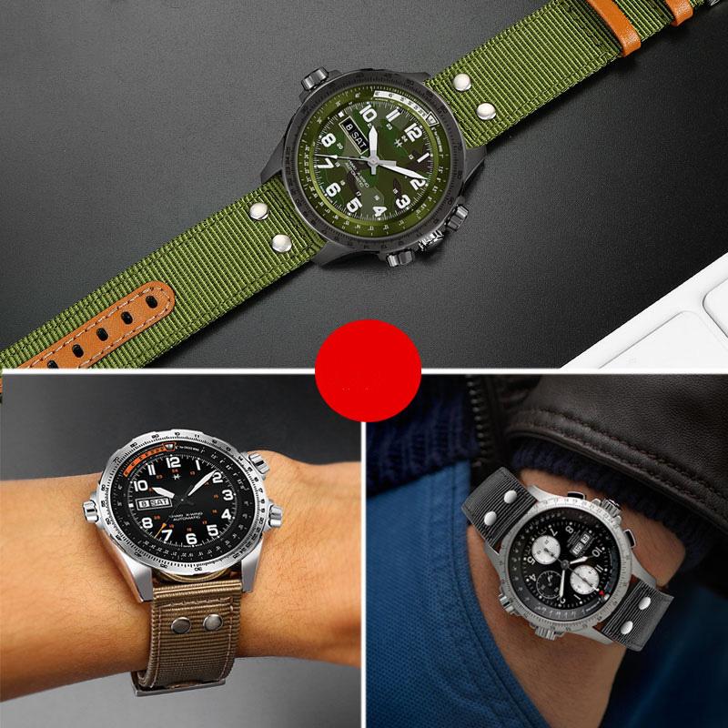 Nylon+Leather Watchband For Sei-ko Hamilton Khaki Aviation Beyond Wind Series Canvas with Rivet Military Watch Band Strap 22mm