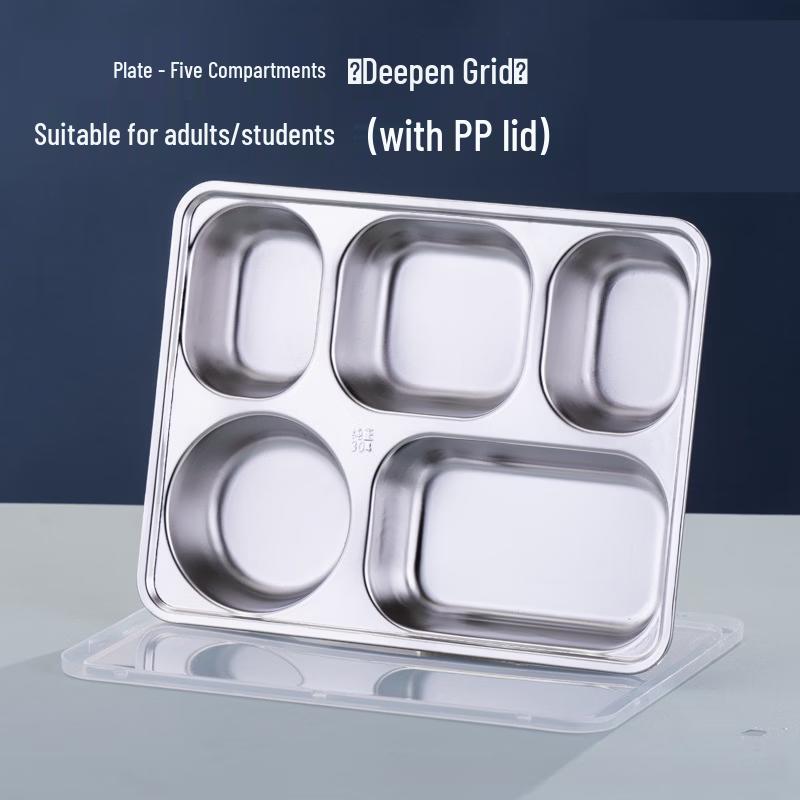 ZISIZ Stainless Steel Deepened 5-Compartment Meal Tray with Lid