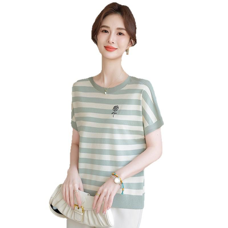 Stylish Summer Knit Striped Short-Sleeve T-shirt for Mom - Loose Fit, Round Neck, Ice Silk, Middle-Aged & Elderly Women