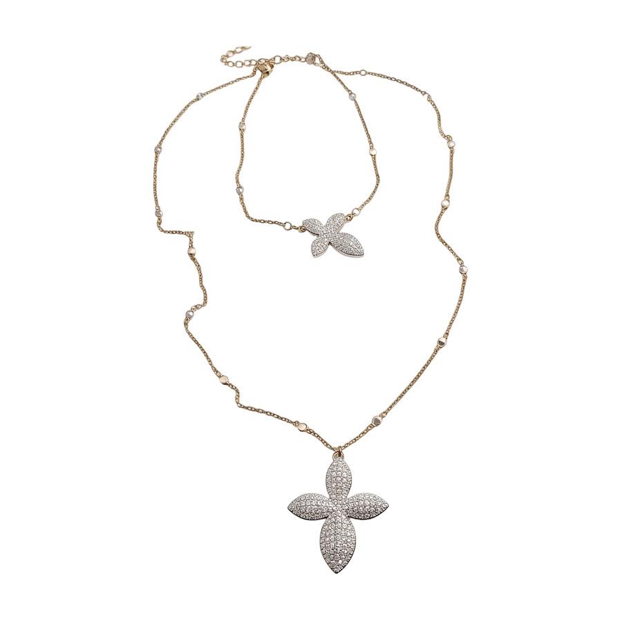 Retro Luxury Flower Cubic Zirconia Pendant Necklace Double Layer Stackable Rhinestone Clavicle Chain Fashion Ring Jewelry Gifts