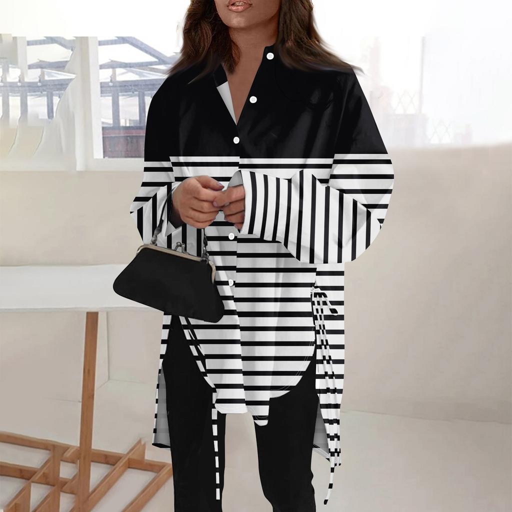 Camicia da donna di tipo sciolto a maniche lunghe con risvolto a maniche lunghe tinta unita alla moda