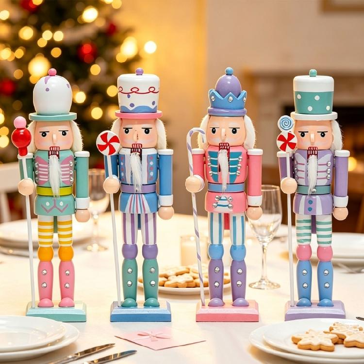 Entry Table Holiday Decors Nutcrackers King Figurine Set, 4 Wooden Candy Colored Freestanding Ornament for Christmas Shelf Styling, Mantels Accent