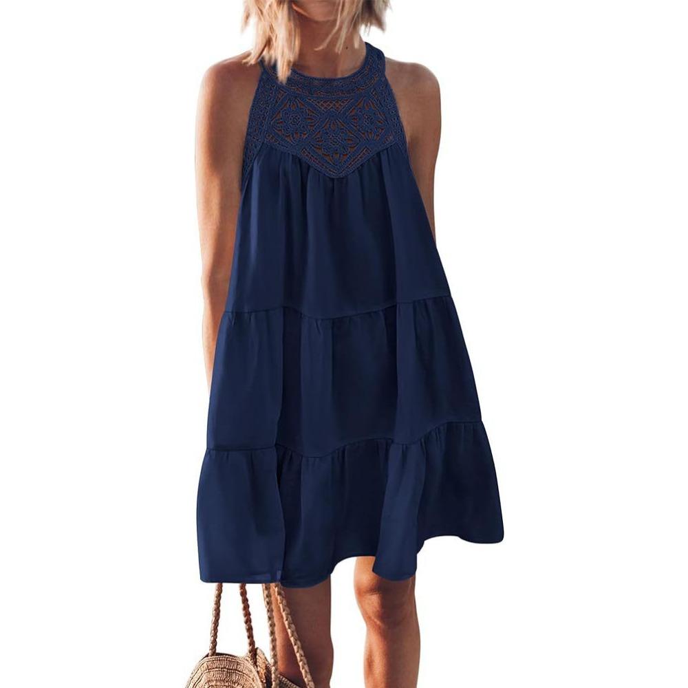 Damen Halter Neck Ärmellos Häkeldetail Lockerer Schnitt Sommer Swing Kleid