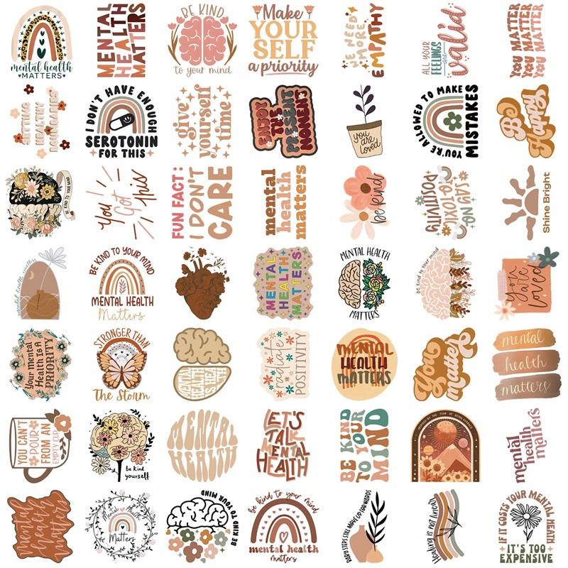 50PCS Boho Mental Health PVC Sticker Aesthetic DIY Children's Decoration Scrapbooking Stationery Hand Accounting Tool Supplies
