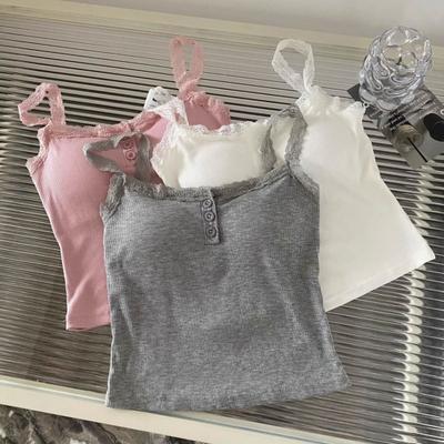 Women Sling Vest Pure Color Lace Splicing Bottom Tops with Built-in Chest Pad Soft Stretchy Camisole Work Party Vacation Wear