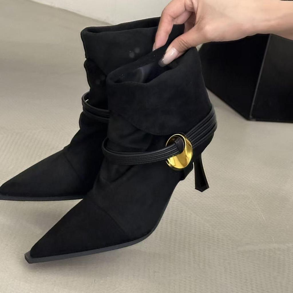 Euro-American Style Suede Slouch Ankle Boots with Pointed-Toe, Metal Buckle, and High Heels for Autumn/Winter 2025.