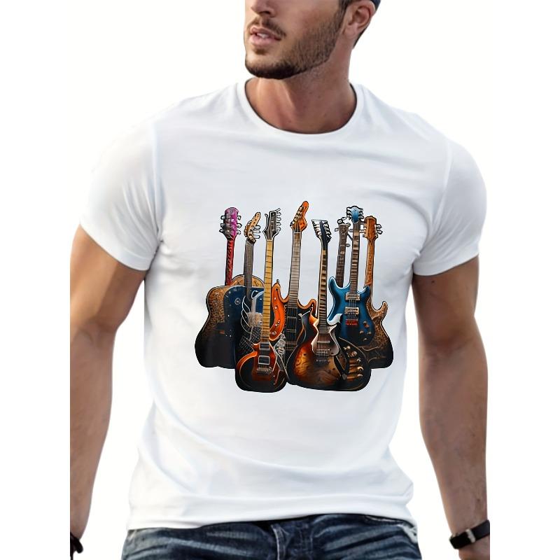 Men's Guitar Graphic Cotton T-Shirt - Casual Short Sleeve Crew Neck, Lightweight & Breathable, Perfect for Outdoor Activities & Music Lovers
