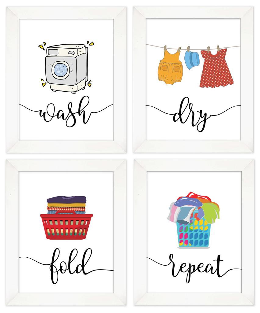 Inkdotpot 4 Piece Laundry Poster for Laundry Room Decor Wash Dry Fold Repeat , Laundry Room Posters Wall Art