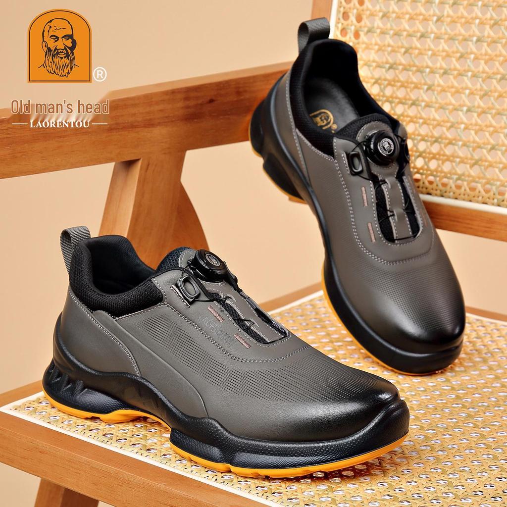 Laorentou Men's Genuine Leather Slip-On Running Shoes with Breathable Mesh and Rotating Buckle.