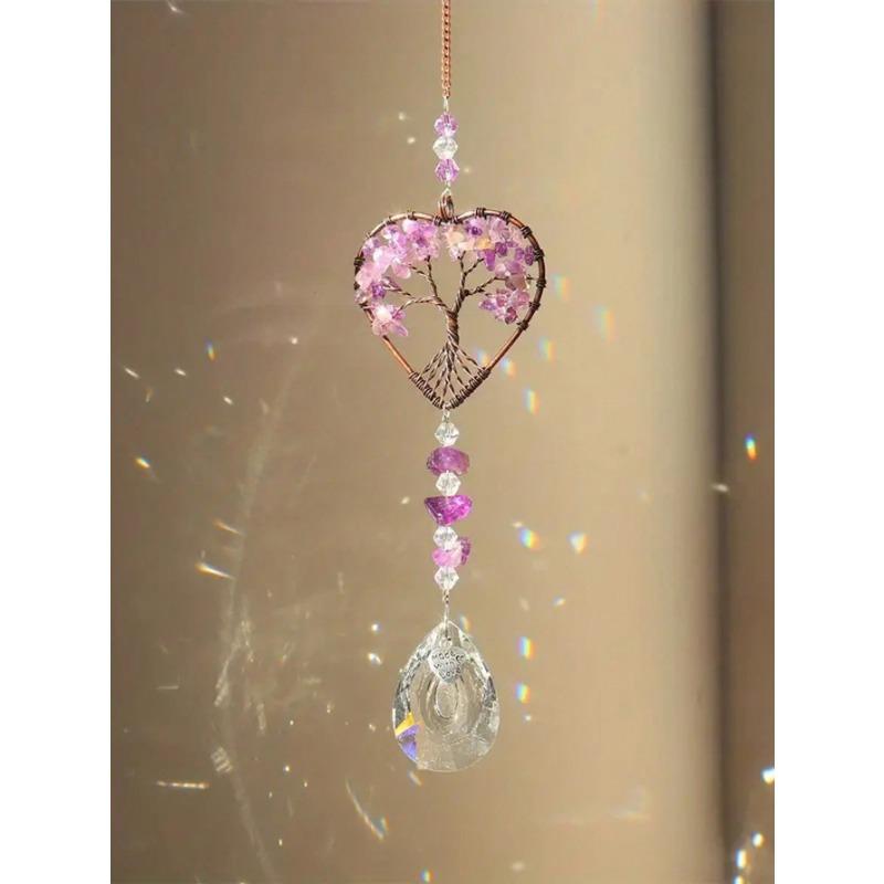 1PC Rainbow Sun Catcher, Tree Of Life Sun Catcher Heart Shaped Ornament Chakra Wheel Stone Window Ball Prism Hanging Garden Home Car Decoration