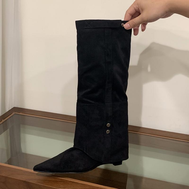 

Pointed Toe Women Long Boots Flats Suede Designer Shoes Fashion Woman Winter Botas 2025 New Dress Luxury Female Chelsea Boots 34 чёрный