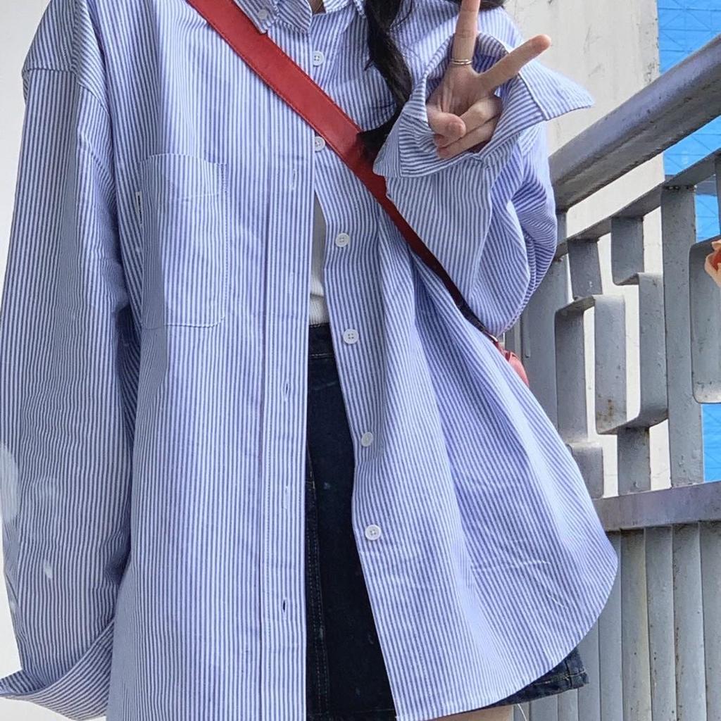 Women's BF Style Loose Long-Sleeve Striped Shirt - Versatile Mid-Length Autumn Jacket