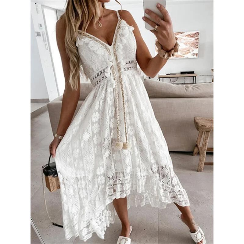 Fashion Women Lace White Long Dress Sleeveless V Neck Flowy Ruffle Dress Summer Bohemian Retro Sexy Beach Holiday Dresses
