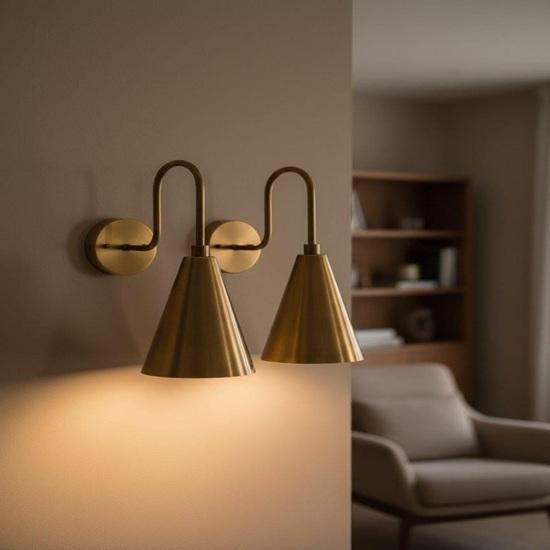 Handmade Pure Raw Brass Italian Double Cone Wall Sconce Pair: Mid-Century Modern Light Fixture Hardwired Beside Wall Lamp Bulb