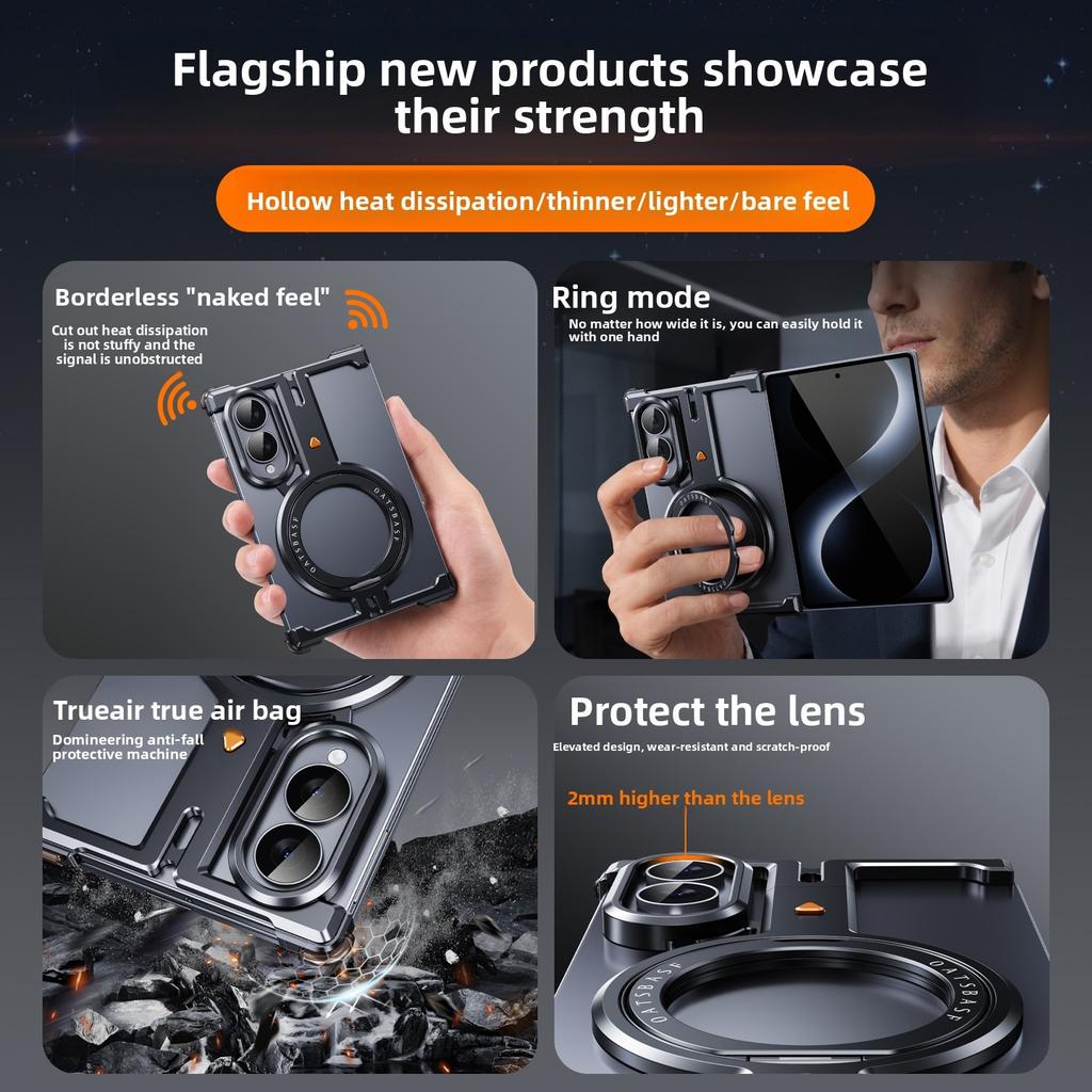 Metal Bumper Case for Samsung Galaxy Z Fold 8 with 360° Rotating Magnetic Ring Stand Frameless Shells Slim Shockproof Cover