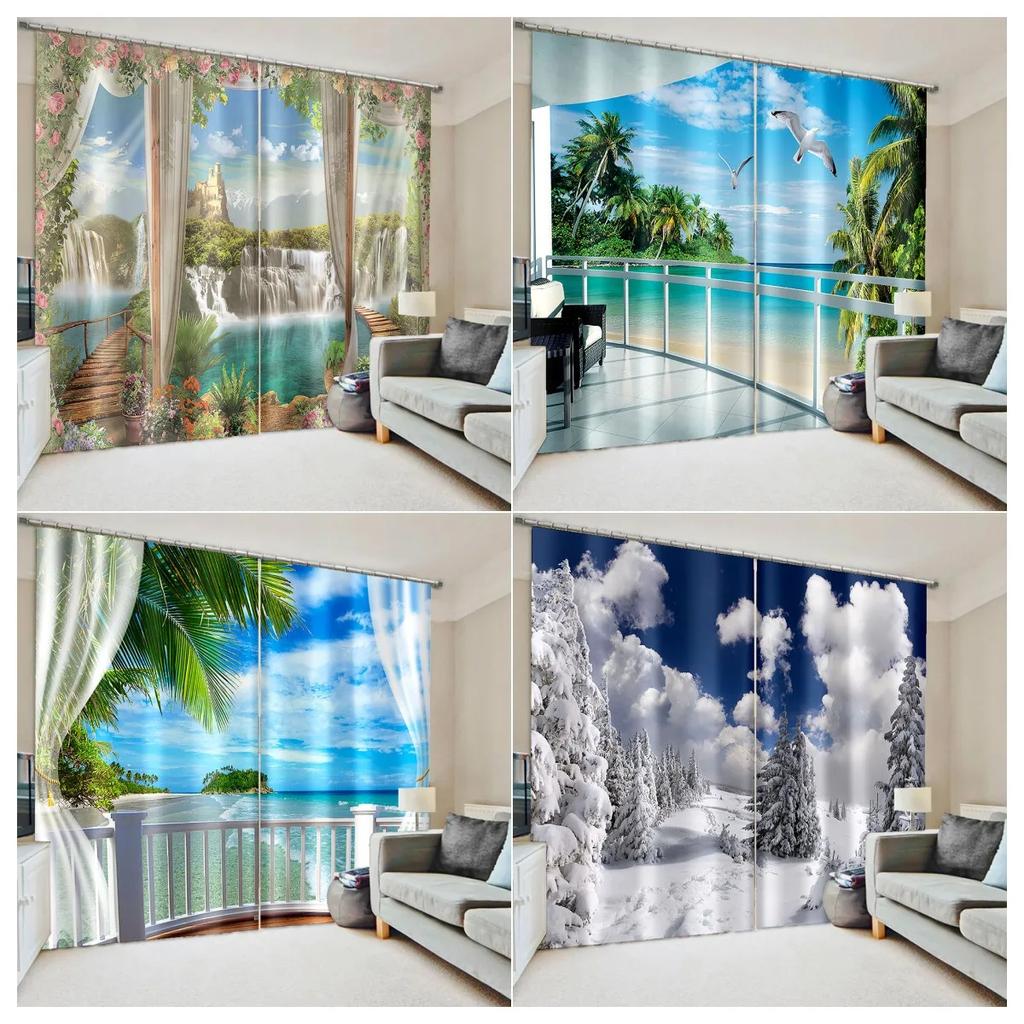 2024 Nature Seaside Scenery 3D Landscape Modern Thin Cloud Window Curtains for Living Room Bedroom Decor 2 Pieces Free Shipping
