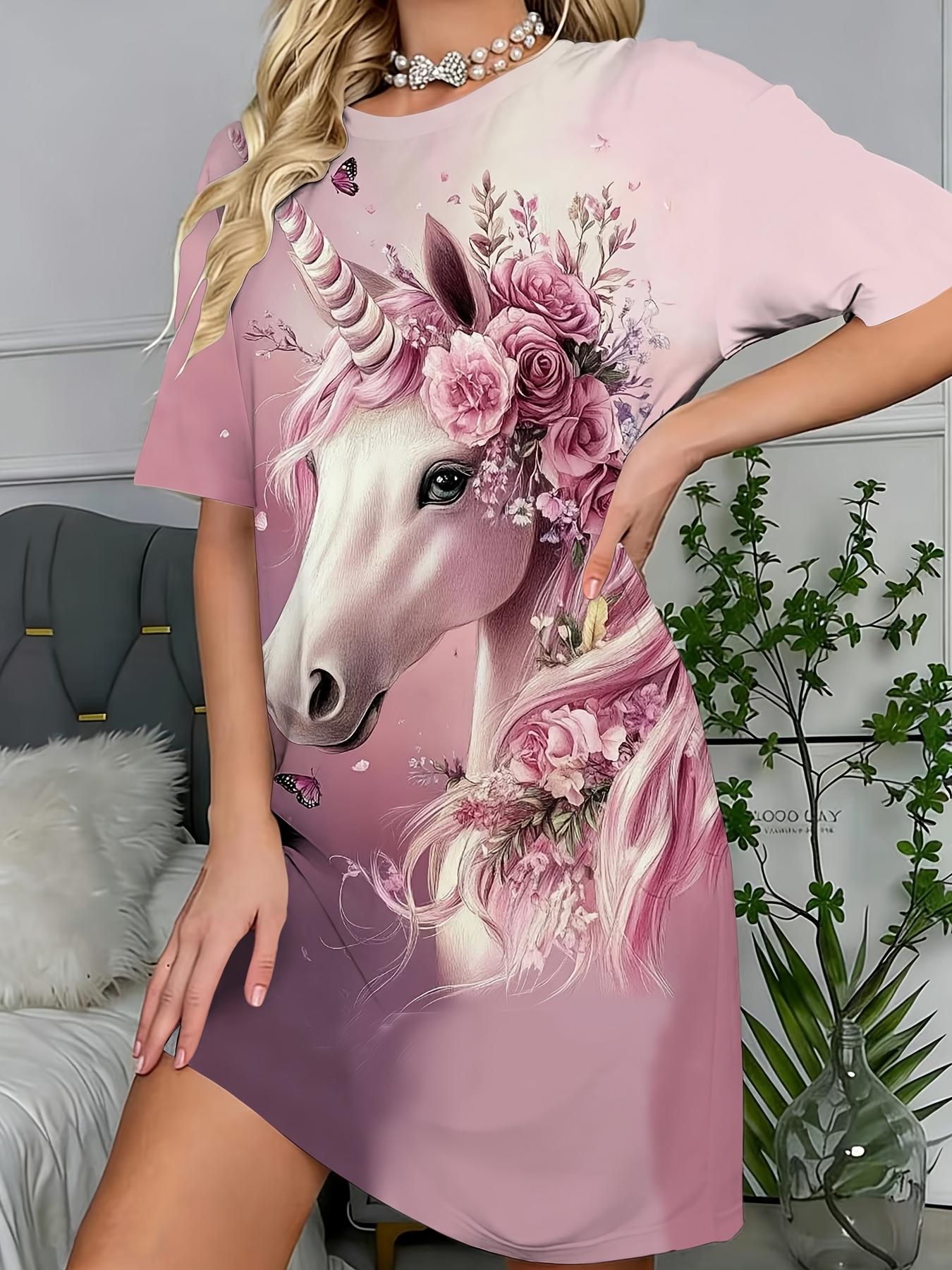 

New Women s Dress Pajamas. Pink Romantic Floral Unicorn Print Casual Sleep Dress. Short Sleeve Round Neck Design. Romantic Pink. Comfortable and Loose XS