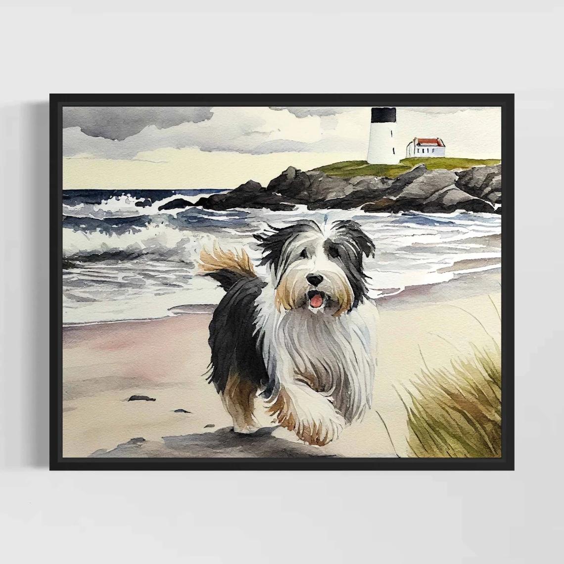 

Картина маслом с собаками на берегу моря, плакат «Чайгу», печать на холсте, декор для стен с изображением животных, украшение для комнаты для собак, домашний декор, эстетический 40X50cm Unframed