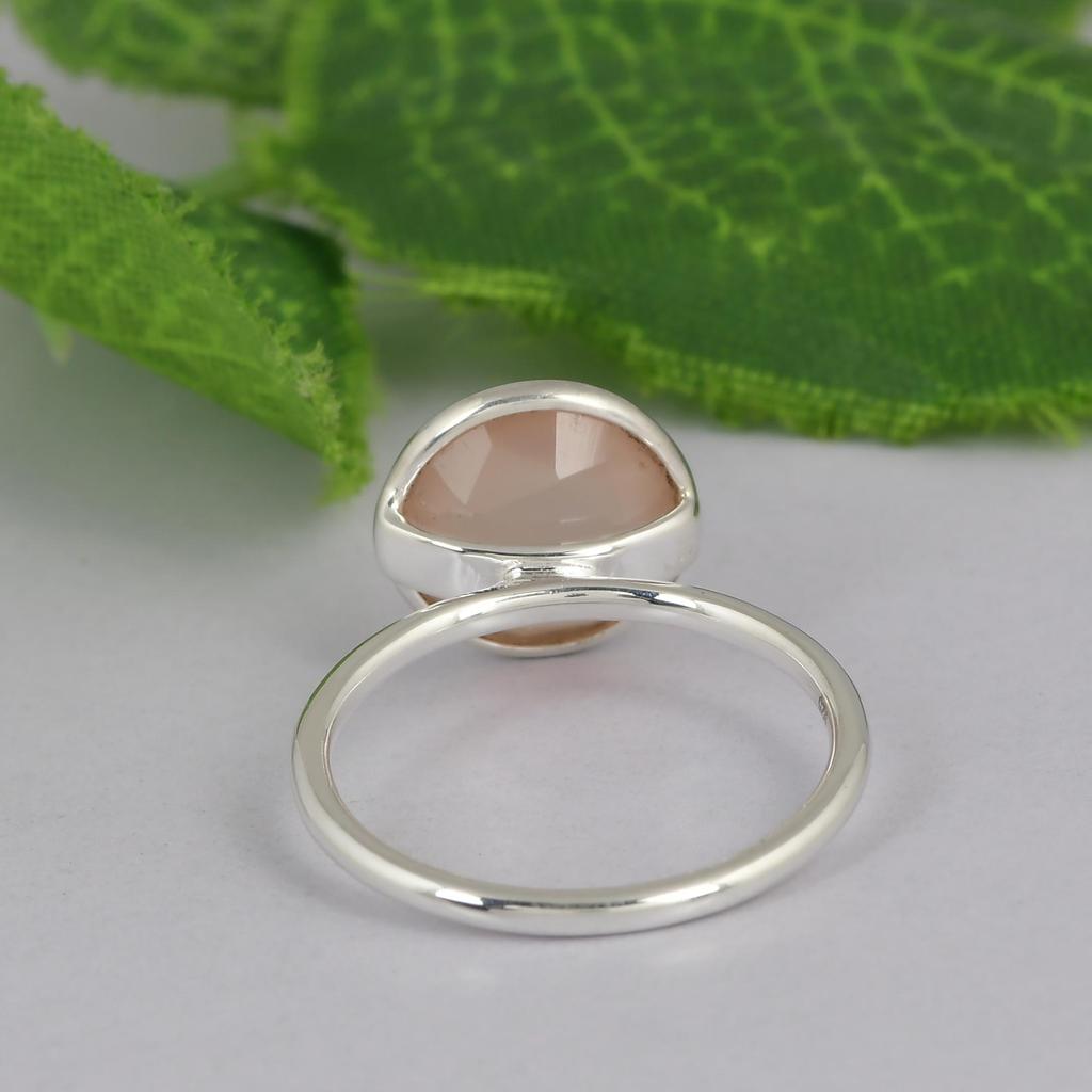 Rose Chalcedony Ring, Round Gemstone Ring, 925 Sterling Silver Thin Band, Pink Chalcedony Ring, Minimalist Gemstone Jewelry, Gift for Her