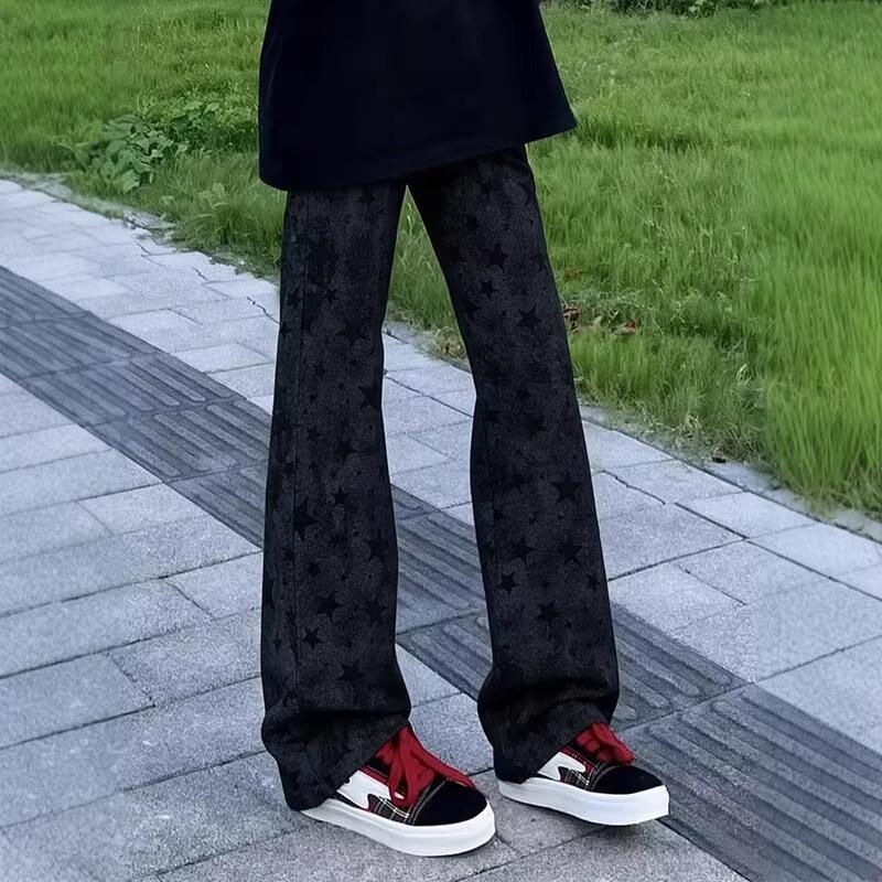 navy blue washed tie-dyed star pants men's spring design sense contrasting color straight-leg pants drape casual sweatpants