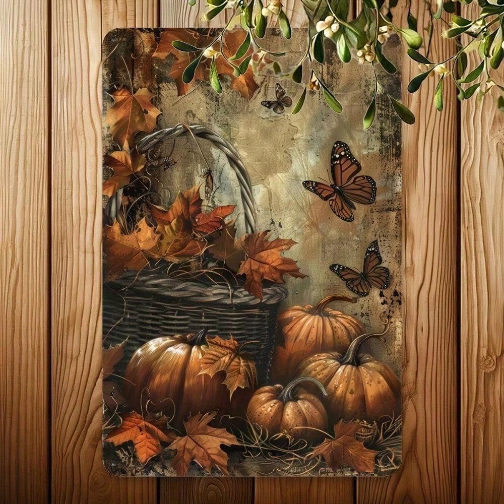 Vintage Autumn Metal Tin Sign 8x12 Inch Rustic Farmhouse Wall Decor, Retro Harvest Pumpkin Butterfly Leaf Seasonal Home Decoration