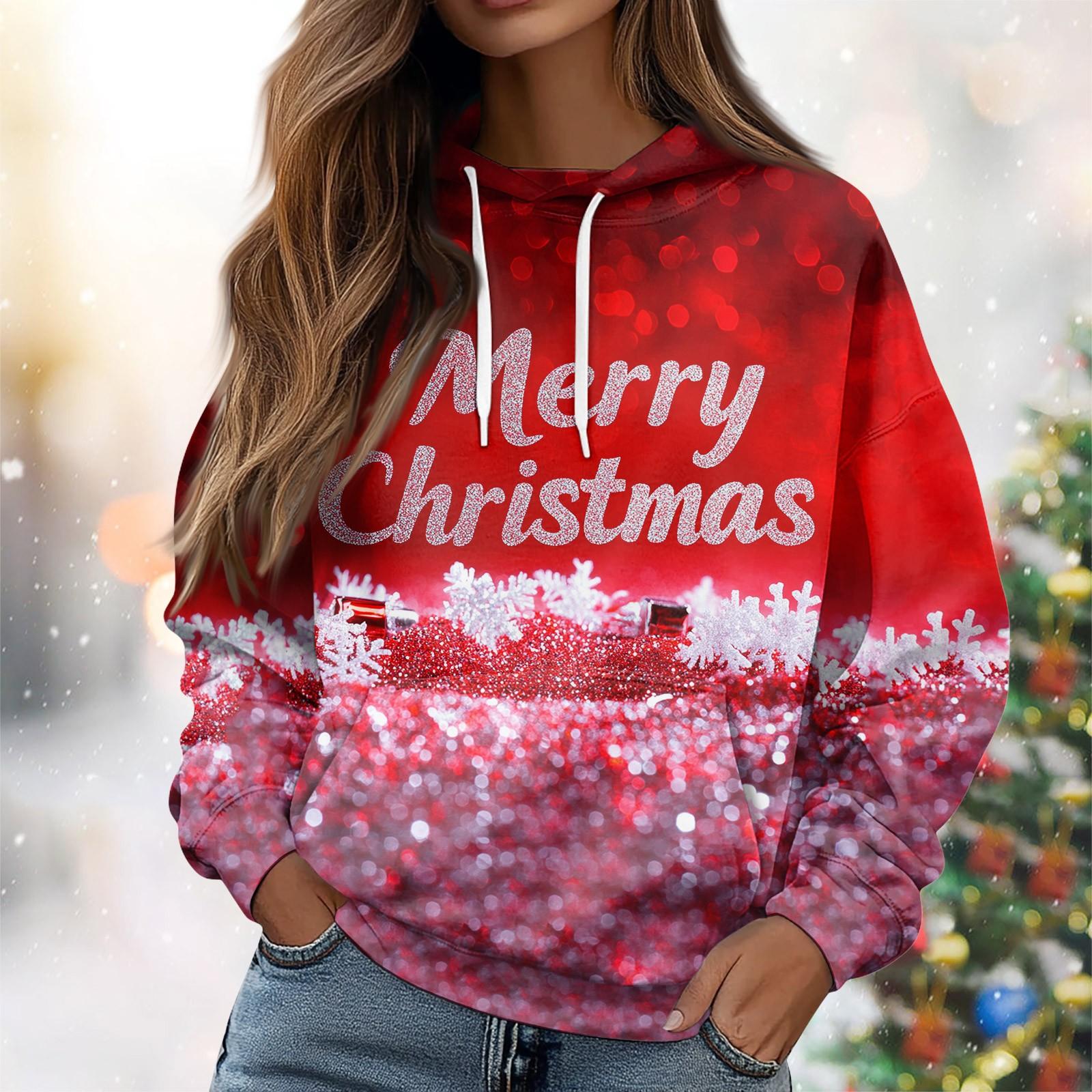 

Женская повседневная свободная толстовка с капюшоном и длинным рукавом с рождественским принтом на завязках M красный