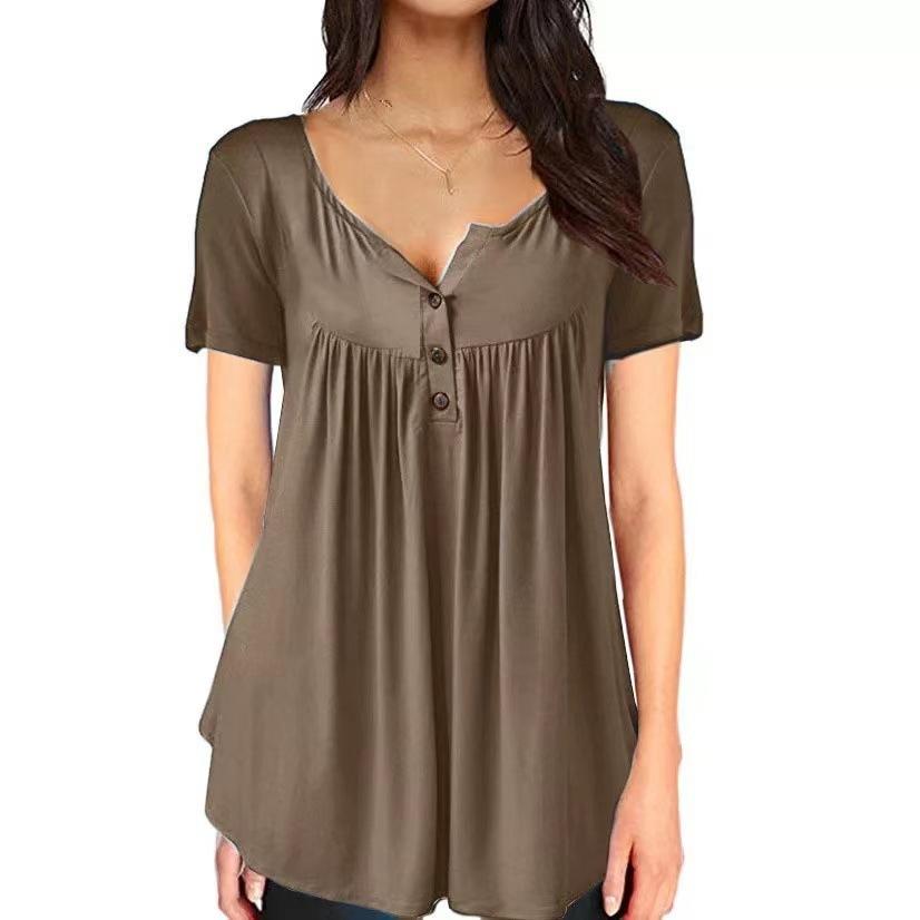 T-shirt d'été pour femme, couleur unie, à boutons, coupe ample, manches courtes
