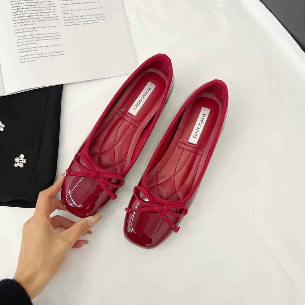 Sheepskin~ 5cm Inner Height Increase of Shoes French Bow Light Mouth Single Shoes Women's Red with Skirt Genuine Leather Mary Jane Shoes