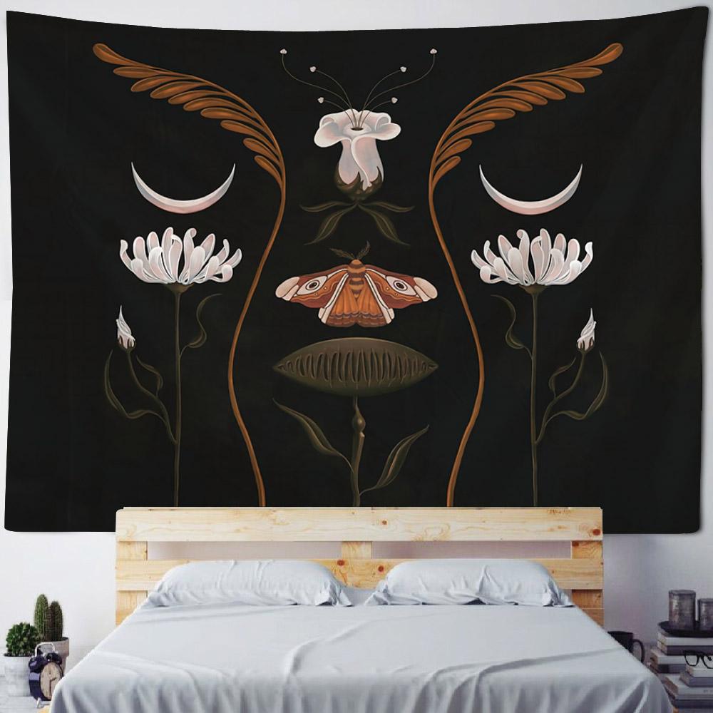 Butterfly Moon Phase Art Tapestry Bohemian Style Wall Hanging Cloth Plants Animals Home Dormitory Aesthetic Mural Decoration
