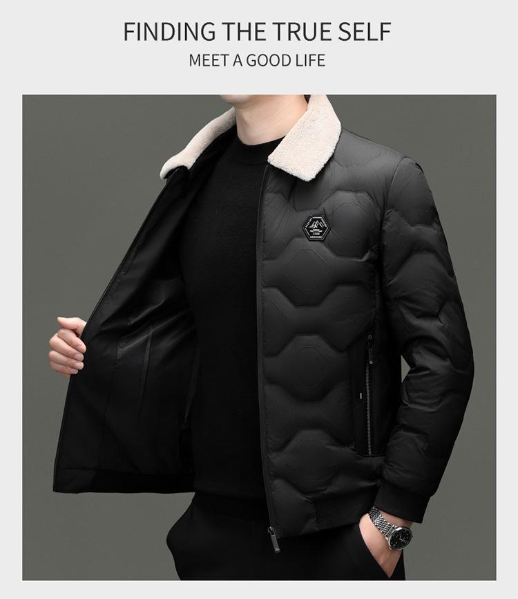 Men's Wool Collar Lightweight Down Jacket - Fashionable, Warm, Short Lapel Winter Coat for Middle-Aged