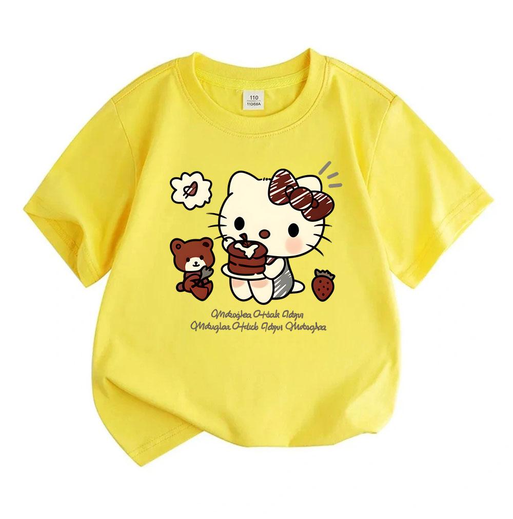 Cute Cartoon Cat Print Kids T Shirt 100% Cotton Short Sleeve Crew Neck Casual Tee for Boys Girls Sweet Chocolate Cake Bear Strawberry Pattern Soft Sum