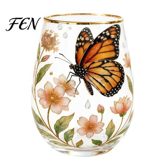 Dekoratives Glas im Waldstil, handbemalter Becher, eiförmige Tasse mit Goldrand, klares bleifreies Party-Glas für Tee, Kaffee, Wein