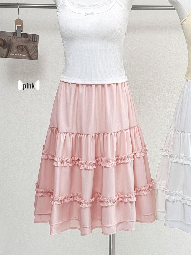 Korean Style A-Line Midi Skirt: Layered Wood Ear Edge, High-Waisted, White Princess Design for Petite Figures - Spring/Summer Fashion