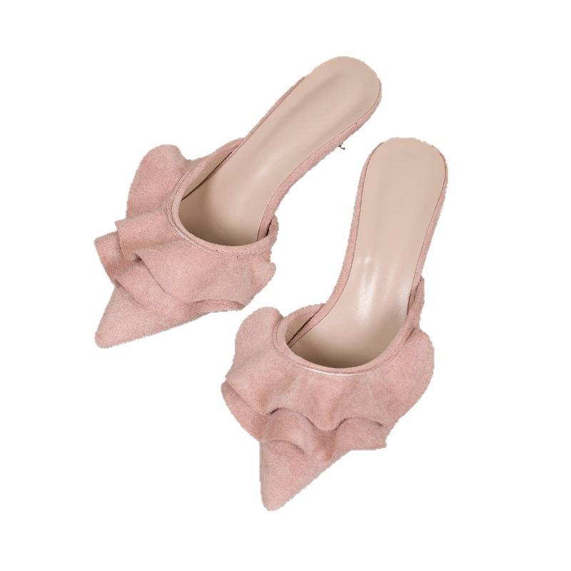 Lace Heeled Slippers 2025 Summer New Pointed Toe Plus Size Stiletto Heel Toe Slippers for Women